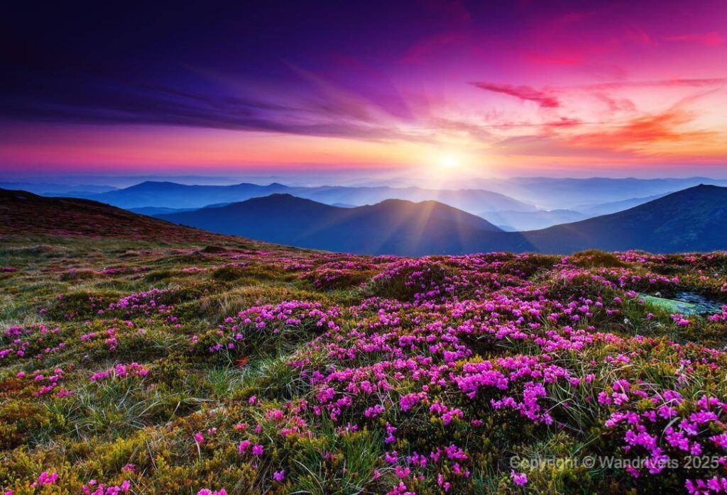 Літній краєвид Карпат на Закарпатті з квітучими луками.