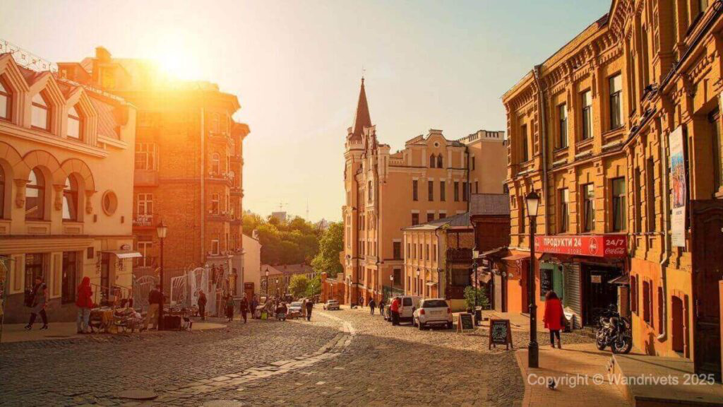 Andriivskyi Descent in Kyiv, lined with vibrant shops and cobblestone charm